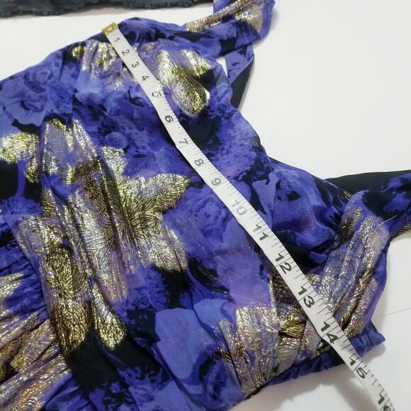 Nicole Miller Gold Metallic Blue Silk Blend Fit and Flare Cocktail Mini Dress - Picture 5 of 12